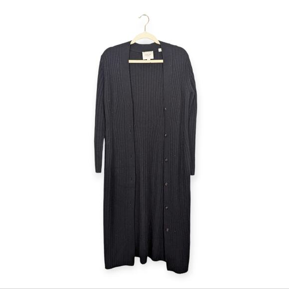 Vince Black Wool Cashmere Ribbed Button Down Long Cardigan Size M
